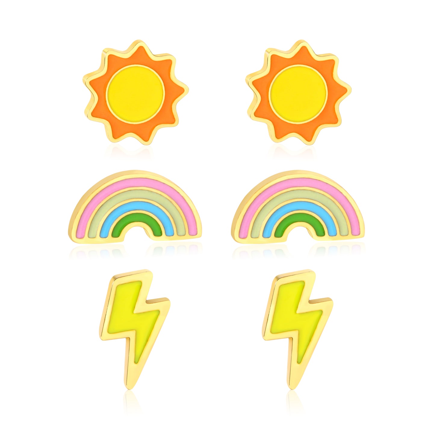 Oil dripping 1.2mm thick 0.8*9mm pin Three pairs of mixed screw-in earrings set Gold 7mm sun, 8.3*4.3mm rainbow, 4*7mm lightning bolt