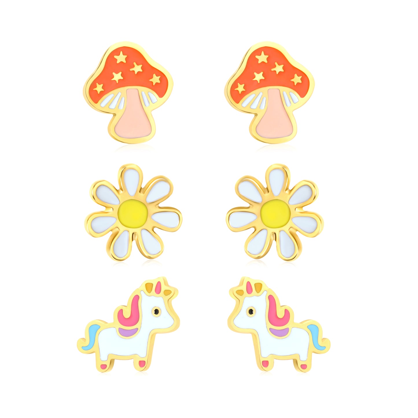 8mm small daisy, 6*7mm small mushroom, 7.3*7mm carousel horse oil dripping 1.2mm thick 0.8*9mm pin Three pairs of mixed screw plug earrings set Gold color