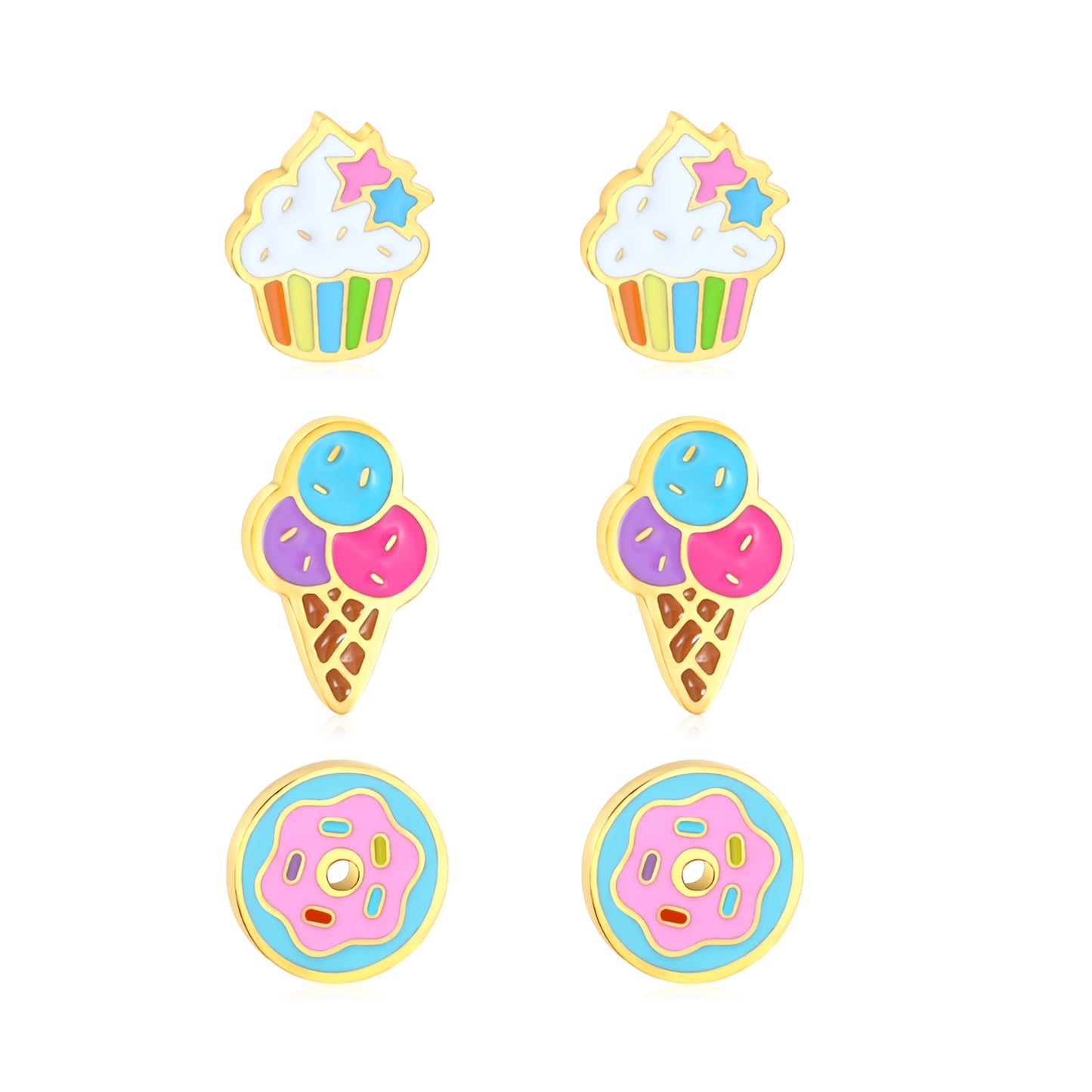 6*7.3mm Cake Cups, 7.7mm Donuts, 4.7*7.3mm Ice Cream Drip Oil 1.2mm Thick 0.8*9mm Needle Three Pairs Mixed Screw Plug Earrings Set Gold Color