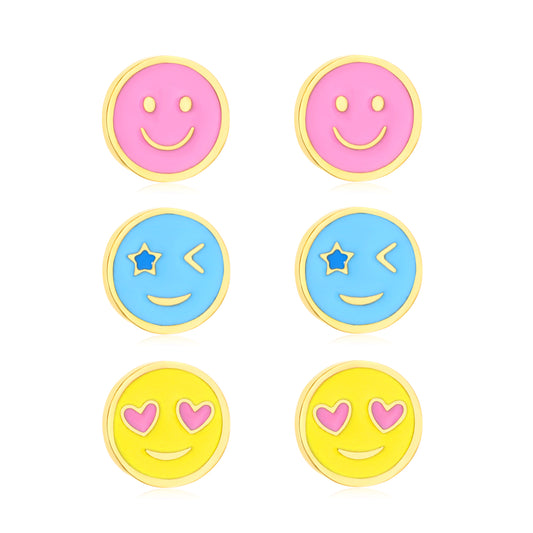 6.3m round hippie face, 6.3mm round obsessed face, 6.3mm round smiley face Oil dripping 1.2mm thick 0.8*9mm pin Three pairs of mixed screw plug earrings set Gold color