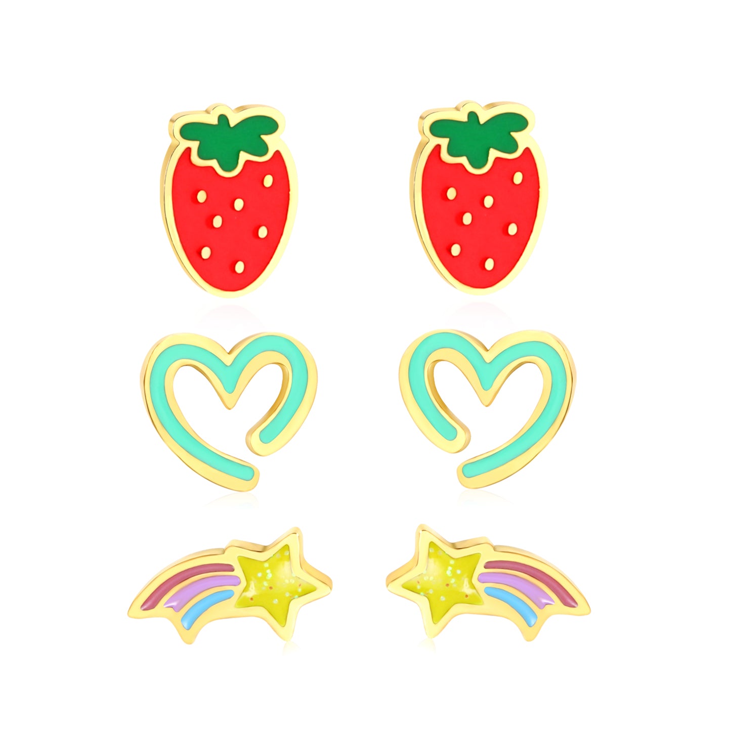 4.6*6.6mm strawberry, 6.6*6 open heart circle, 7.4*4mm meteor drip oil 1.2mm thick 0.8*9mm pin Three pairs of mixed screw plug earrings set Gold color
