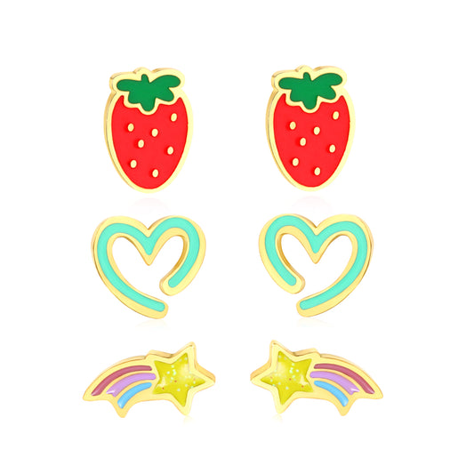 4.6*6.6mm strawberry, 6.6*6 open heart circle, 7.4*4mm meteor drip oil 1.2mm thick 0.8*9mm pin Three pairs of mixed screw plug earrings set Gold color