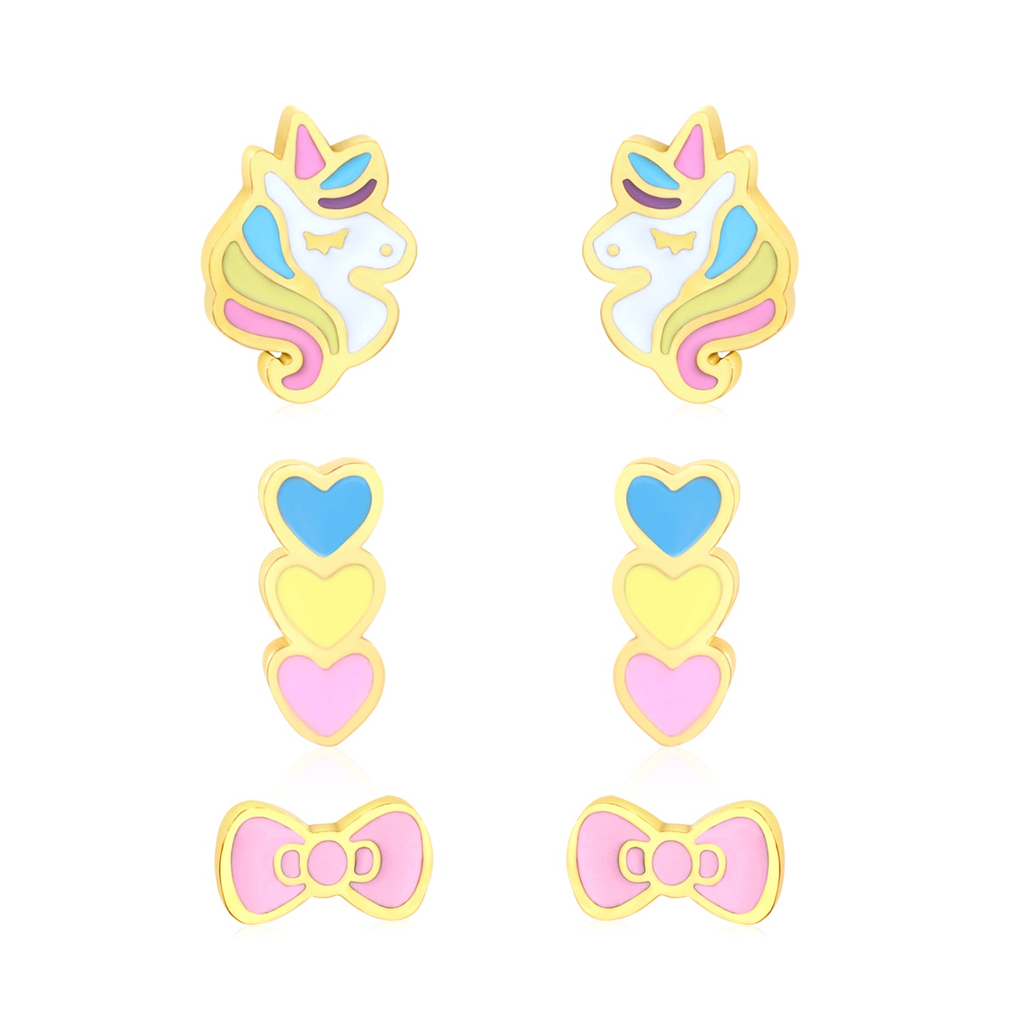 5.3*7.3mm Unicorn, 3*7.3mm Triple Heart, 6.8*3.7mm Bow Tie, Oil Drip 1.2mm Thick 0.8*9mm Needle Three Pairs of Mixed Screw-in Earrings Set Gold Color