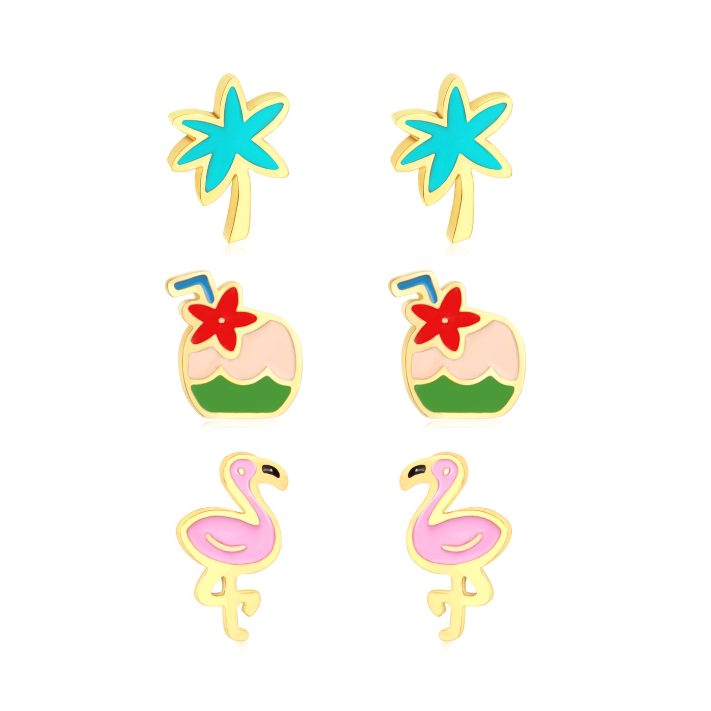 5*7mm Coconut Tree, 6*6.4mm Coconut, 4*7.4mm Flamingo Oil Drip 1.2mm Thick 0.8*9mm Needle Three Pairs Mixed Screw In Stud Earrings Set Gold Color