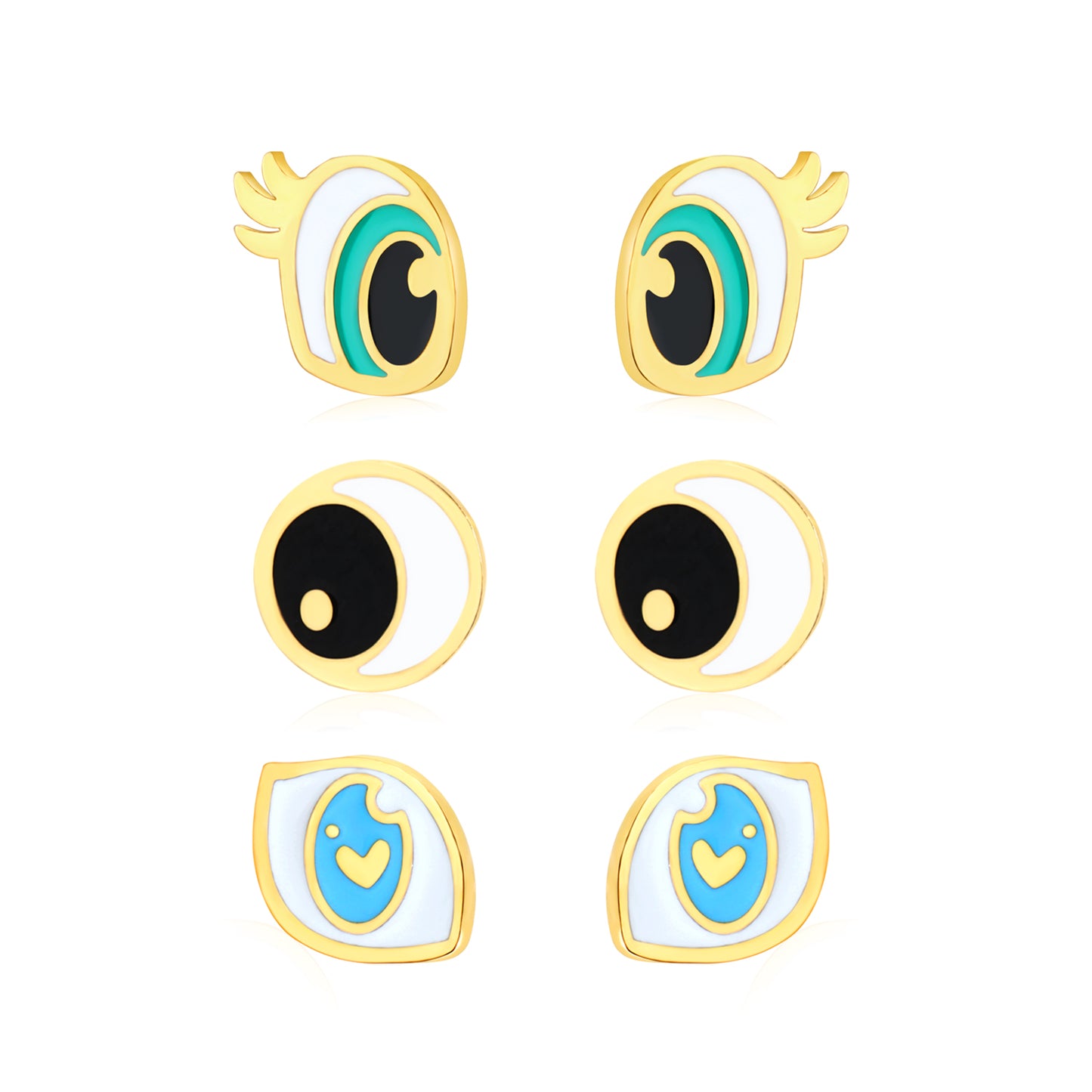 6mm eye 1, 5.8mm eye 2, 7.8*5.9mm eye 3 Oil dripping 1.2mm thick 0.8*9mm pin Three pairs mixed screw plug earring set Gold color