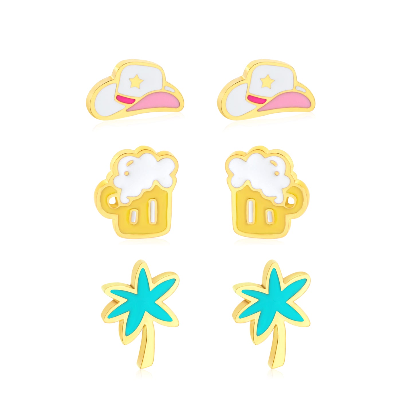 7.3*4.2mm Cowboy Hat, 5.6*6.6mm Beer Mug, 5*7mm Coconut Tree Oil Drip 1.2mm Thick 0.8*9mm Needle Three Pairs Mixed Screw Plug Earring Set Gold Color