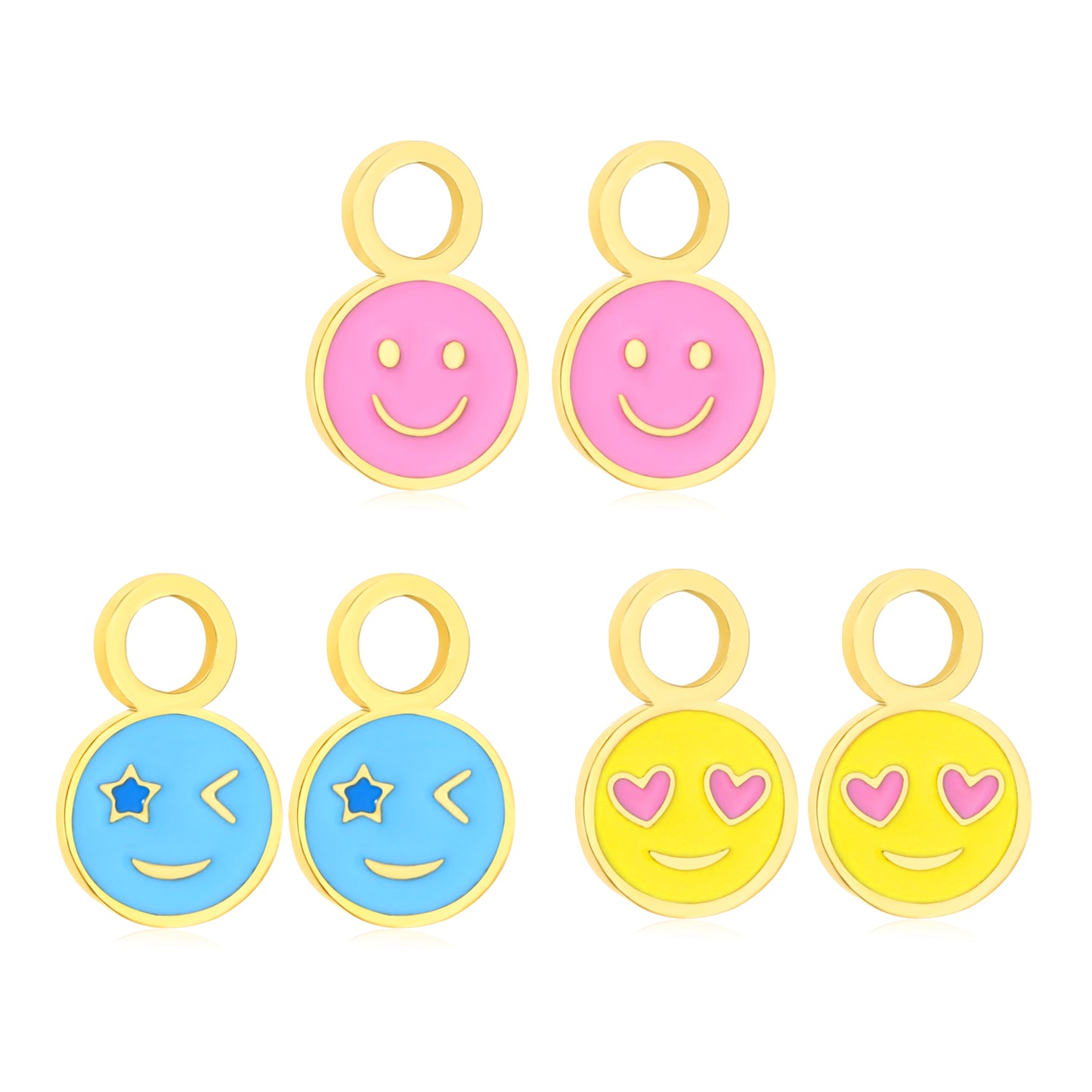 8*12mm round hippie face, 8*12mm round obsessed face, 8*12mm round smiley face 3 pairs mixed style oil dripping accessories set gold color