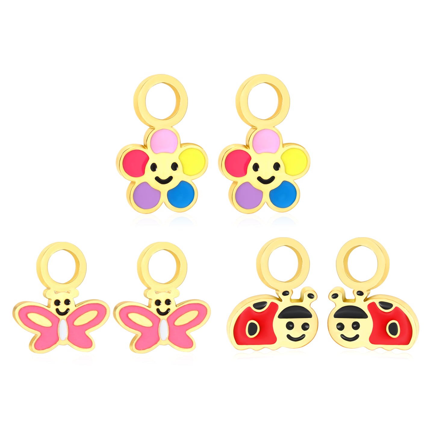 7*11.2mm Colorful Flowers, 8.3*9.8mm Butterfly, 7.3*9.6mm Beetle Three Pairs Mixed Drip Accessories Set Gold Color