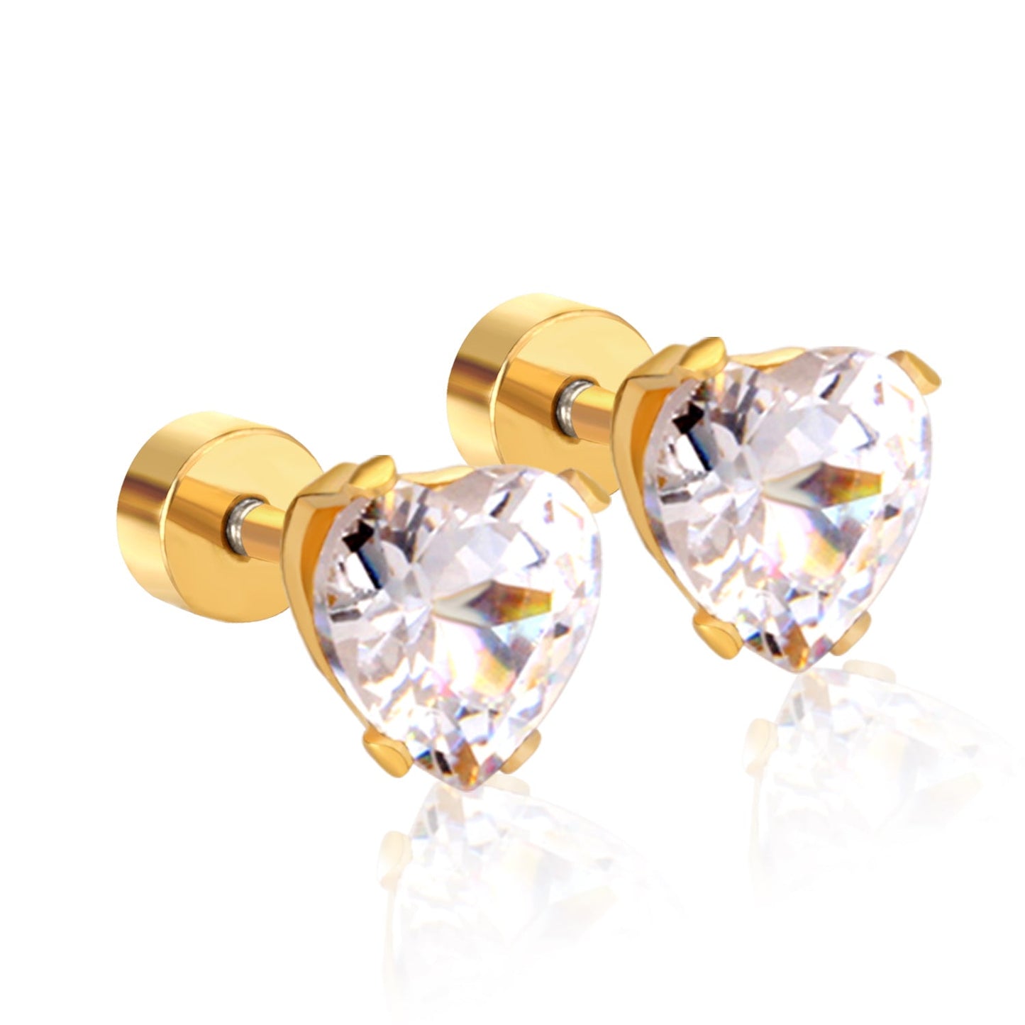 12 pair 6mm Steel/Gold Heart White/Black/Blue CZ Screw Plugs