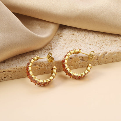 C-Shape with Two Grips Rectangle White/Purple/Green/Orange/Mixed/Pink Zirconium Earrings 6.8*21mm Steel Color/Golden Color