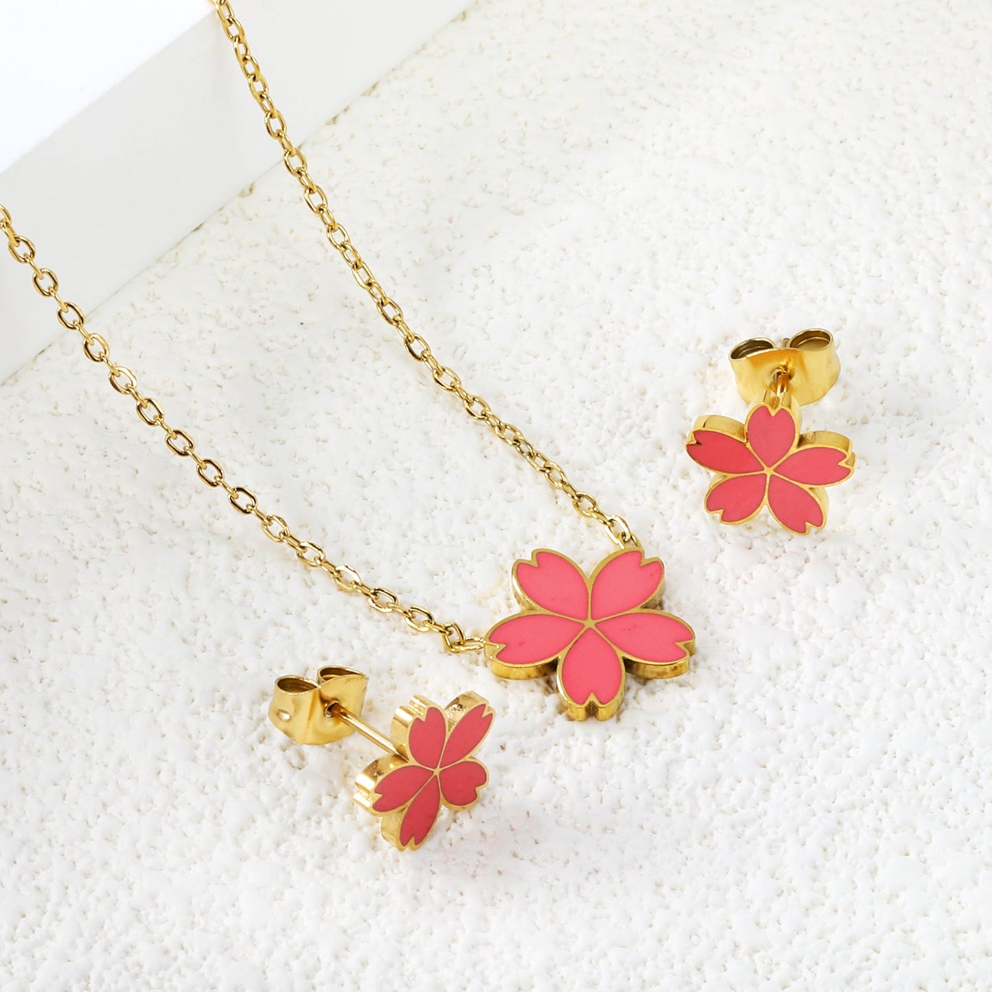 10mm cherry blossom with pink oil drop earrings + 12.5mm pendant set cross 0.3mm*45+5cm+6mm round plate steel color / gold color
