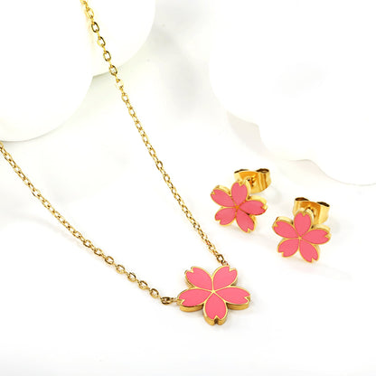 10mm cherry blossom with pink oil drop earrings + 12.5mm pendant set cross 0.3mm*45+5cm+6mm round plate steel color / gold color