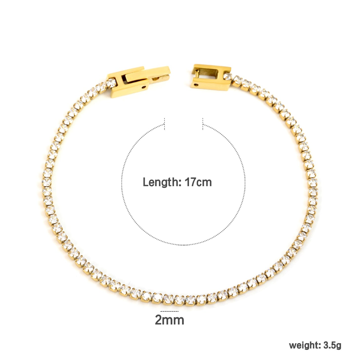 2mm/3mm Round White/Black Crystal Zirconia 17cm Clasp Bracelet Steel/Golden
