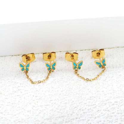 5.4*4.6mm Butterfly with Light Blue Drip Oil+03 Cross Chain 30mm Accessories Earrings Gold color