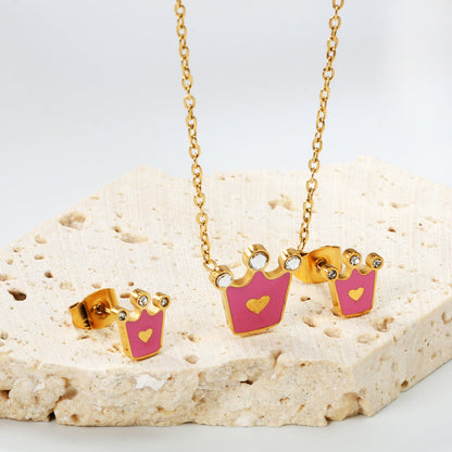 8*8.4mm Crown with Pink Oil Drip Earrings + 11.7*12mm Pendant Necklace Set Cross 0.35 45+5cm+6mm Round Tail Plaque Set Steel Color / Gold
