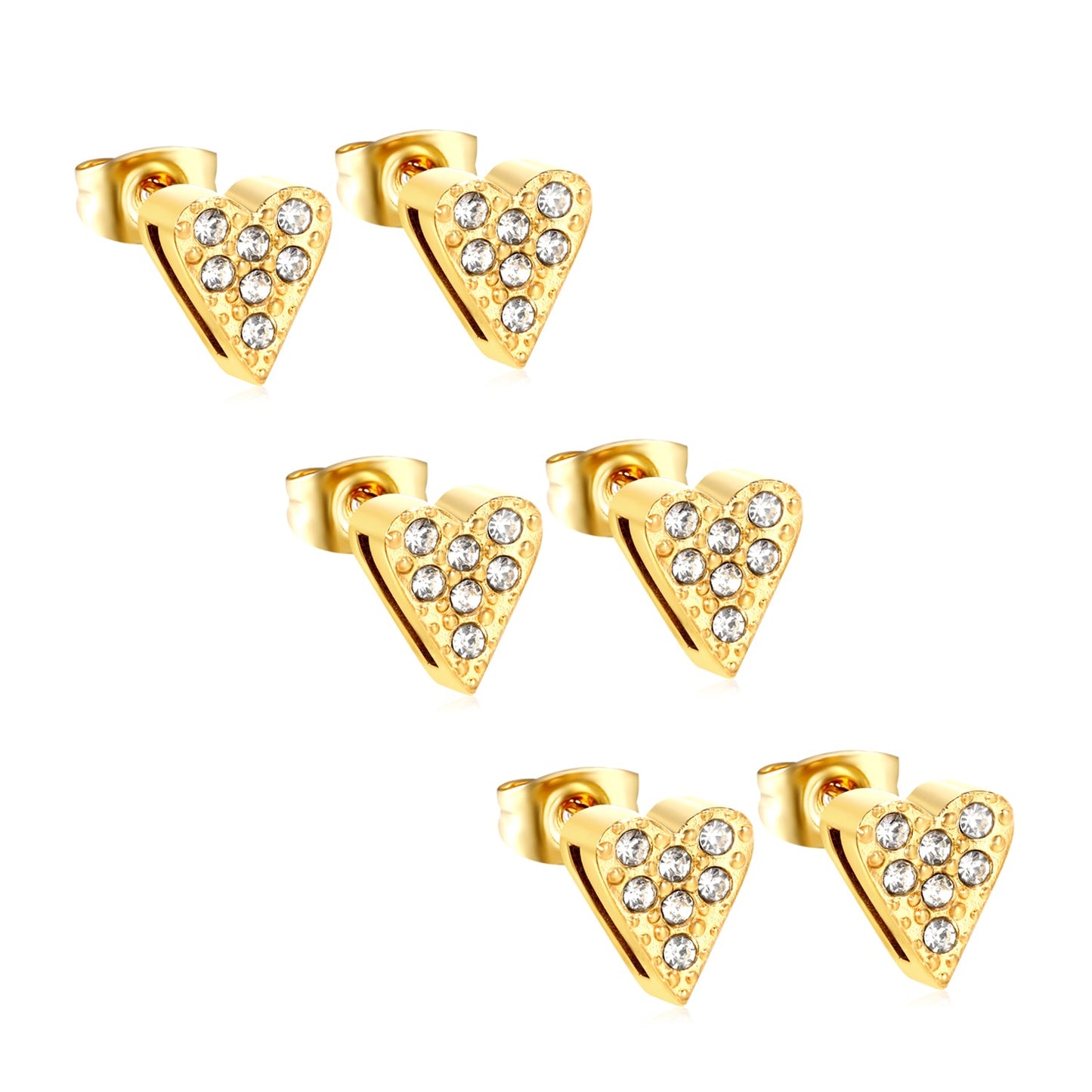 3 pairs of 8*9mm heart-shaped white diamond stud earrings Gold