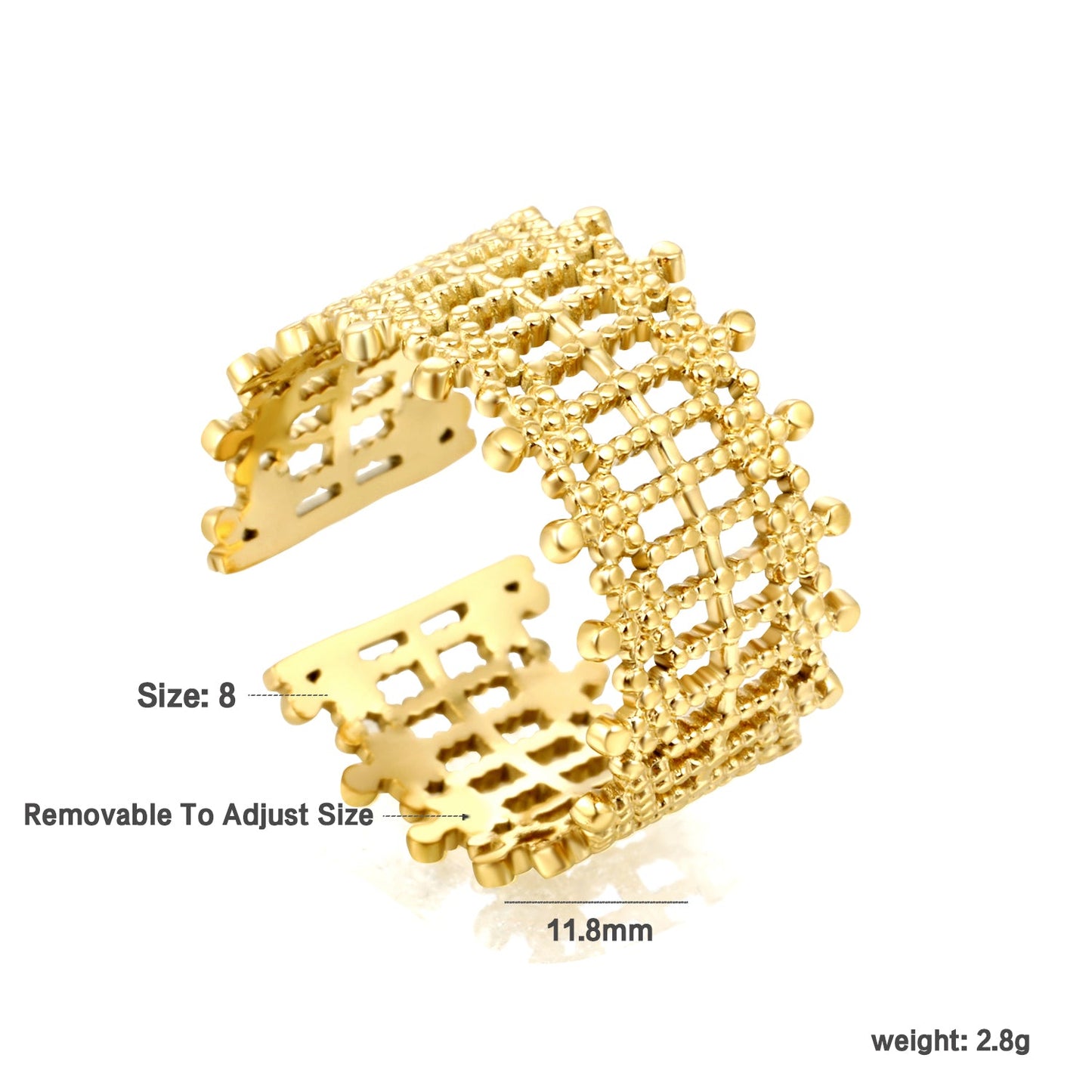 Golden Grid Pattern Stainless Steel Open Ring