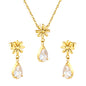 Flower + drop white diamond set Steel / Gold Earrings: 8.3mm flower + 6.2*10mm drop white diamond Pendant: 8.9mm flower + 6.2*10mm drop white diamond 0.3 Cross chain 42+5cm+6mm round plate