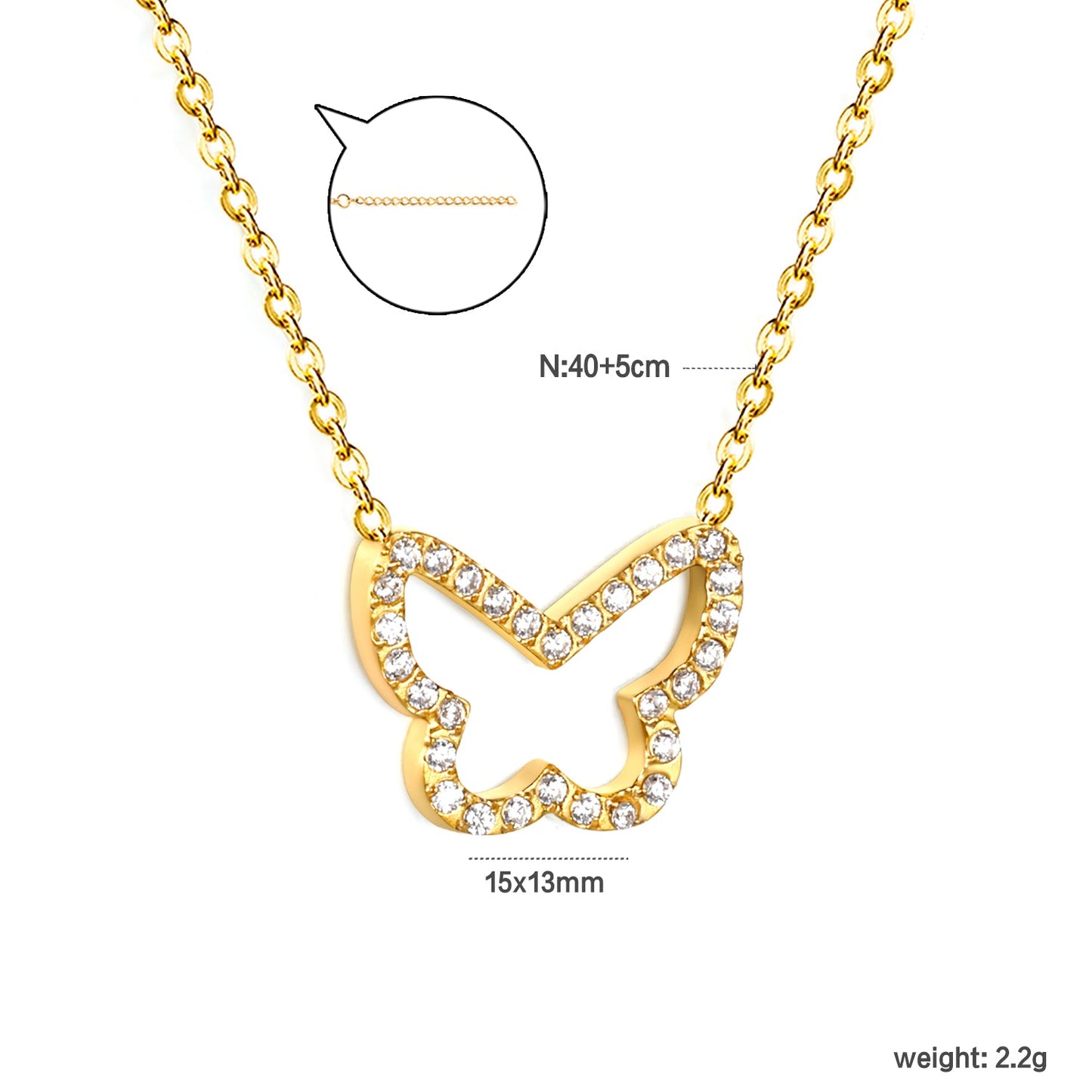 15x13mm butterfly CNC white zirconia pendant 0.3 cross chain 40+5cm+6mm necklace gold