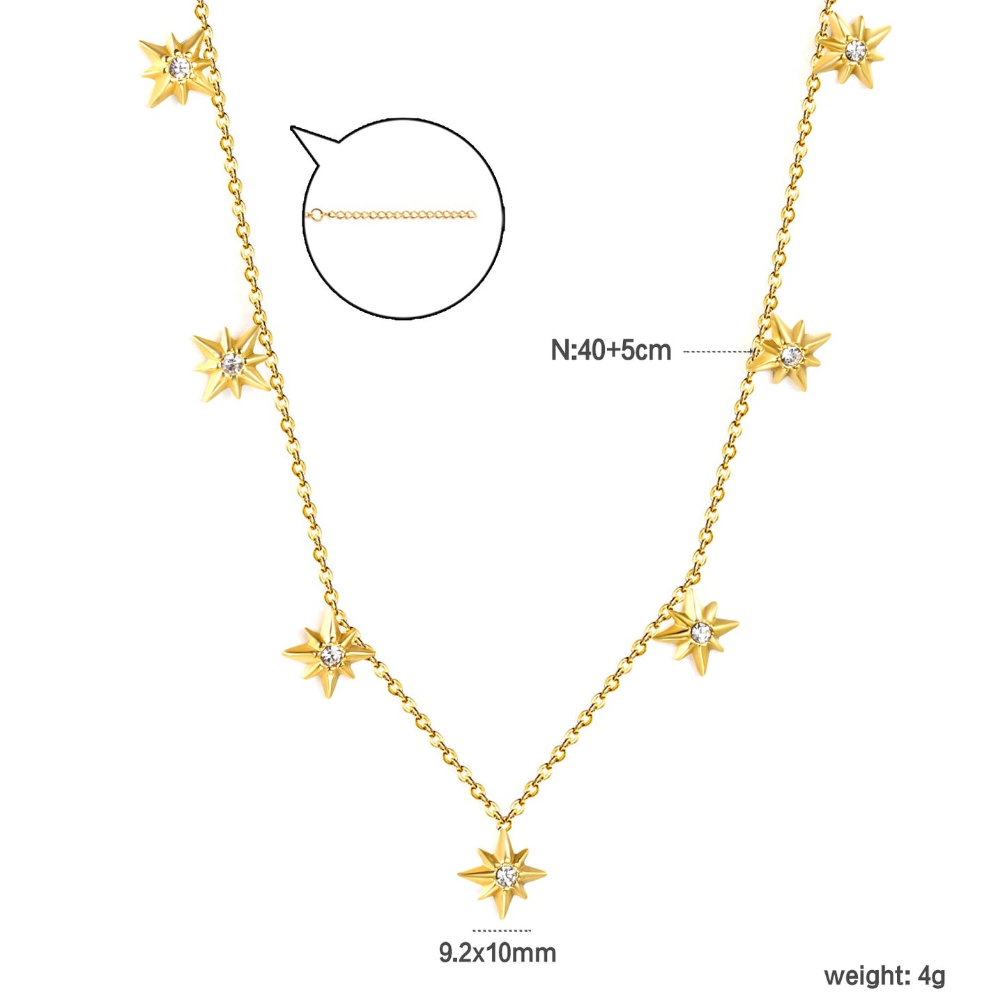 9.2 x 10mm eight-pointed star accessory (1 white zirconia), 0.3mm cross chain 40+5cm, 6mm round tag necklace, gold