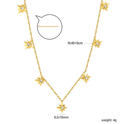 9.2 x 10mm eight-pointed star accessory (1 white zirconia), 0.3mm cross chain 40+5cm, 6mm round tag necklace, gold
