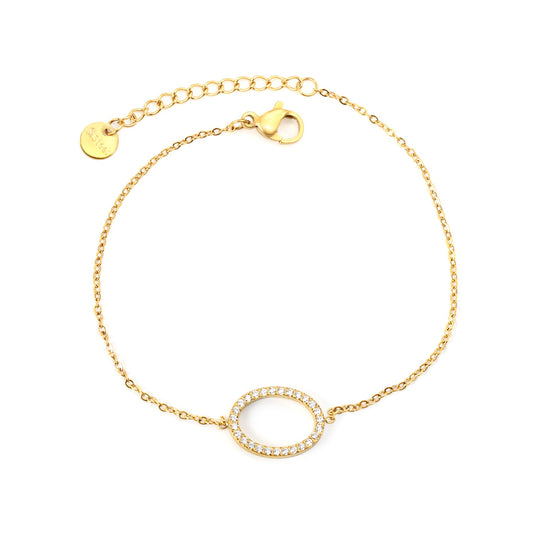 14.9*11.2mm Oval Hollow CNC White Zircon 0.3 Cross 18+3cm+6mm Round Plaque Bracelet Golden