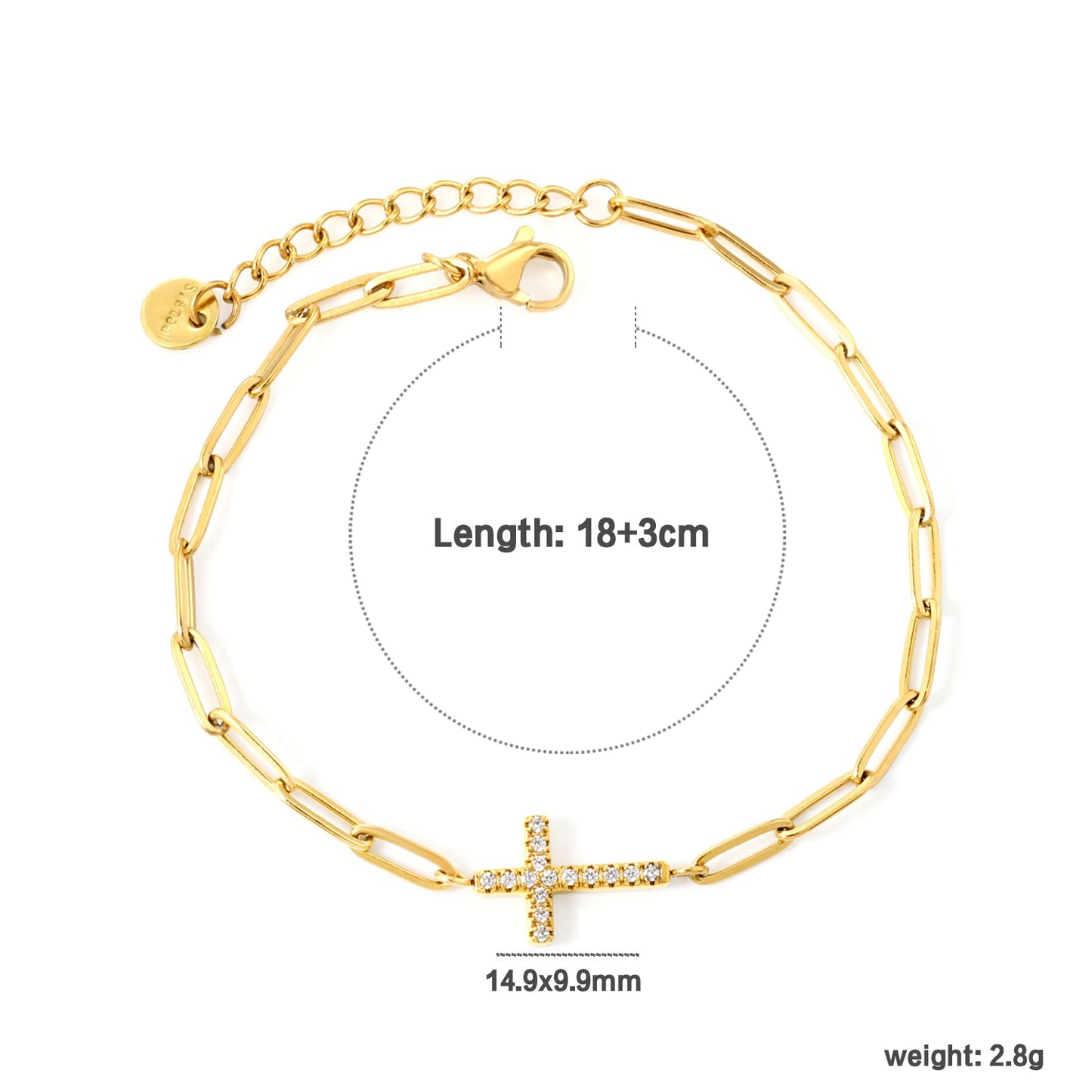 14.9*9.9mm Cross CNC White Zirconia 0.8x3x9 Long Flat Cross 18+3cm+6mm Round Tail Plaque Bracelet Gold Color