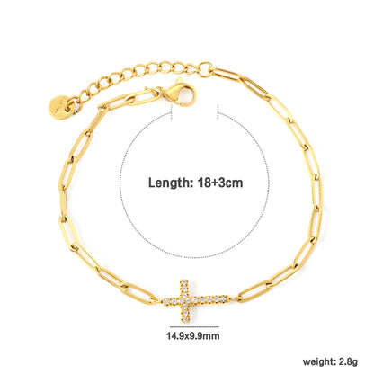 14.9*9.9mm Cross CNC White Zirconia 0.8x3x9 Long Flat Cross 18+3cm+6mm Round Tail Plaque Bracelet Gold Color
