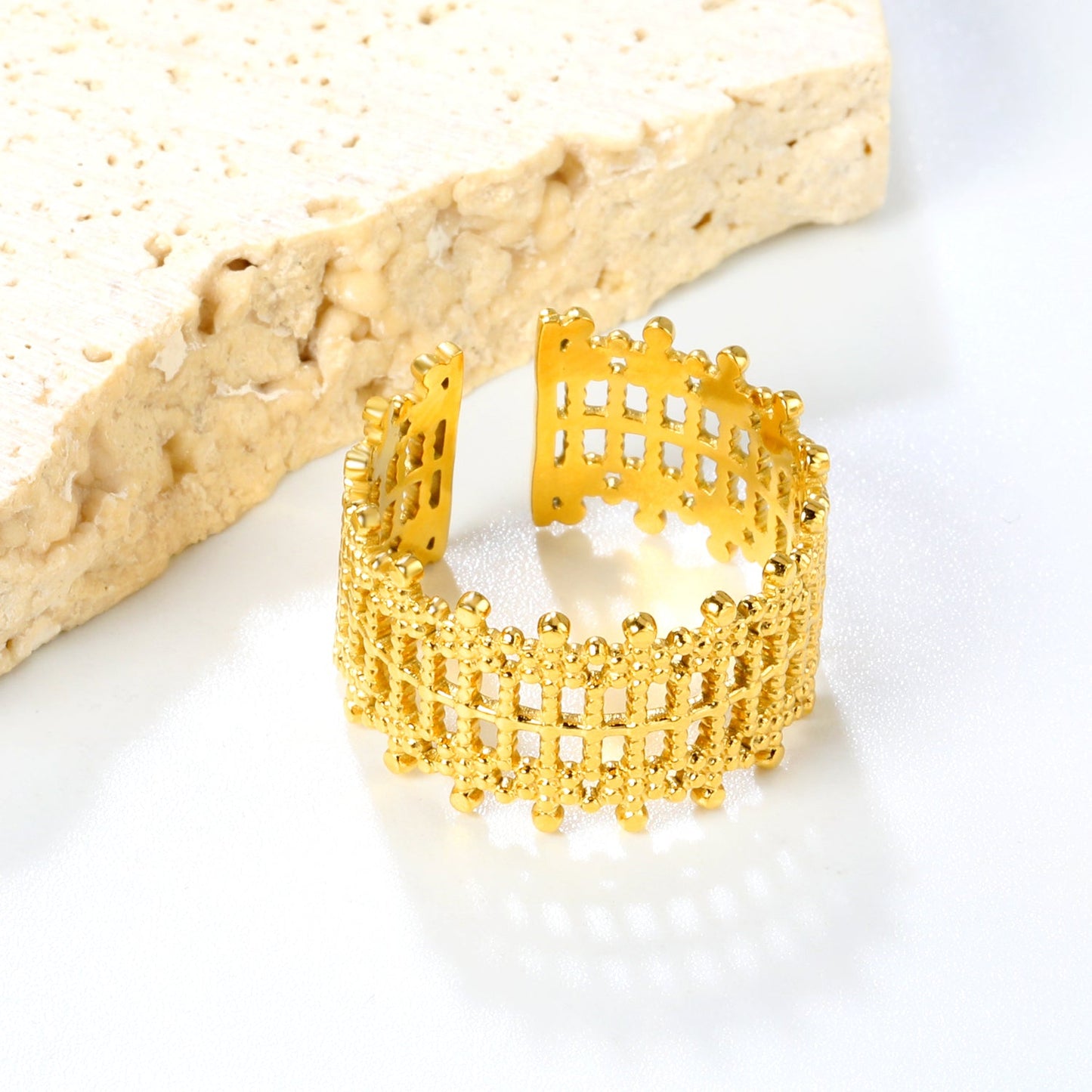 Golden Grid Pattern Stainless Steel Open Ring