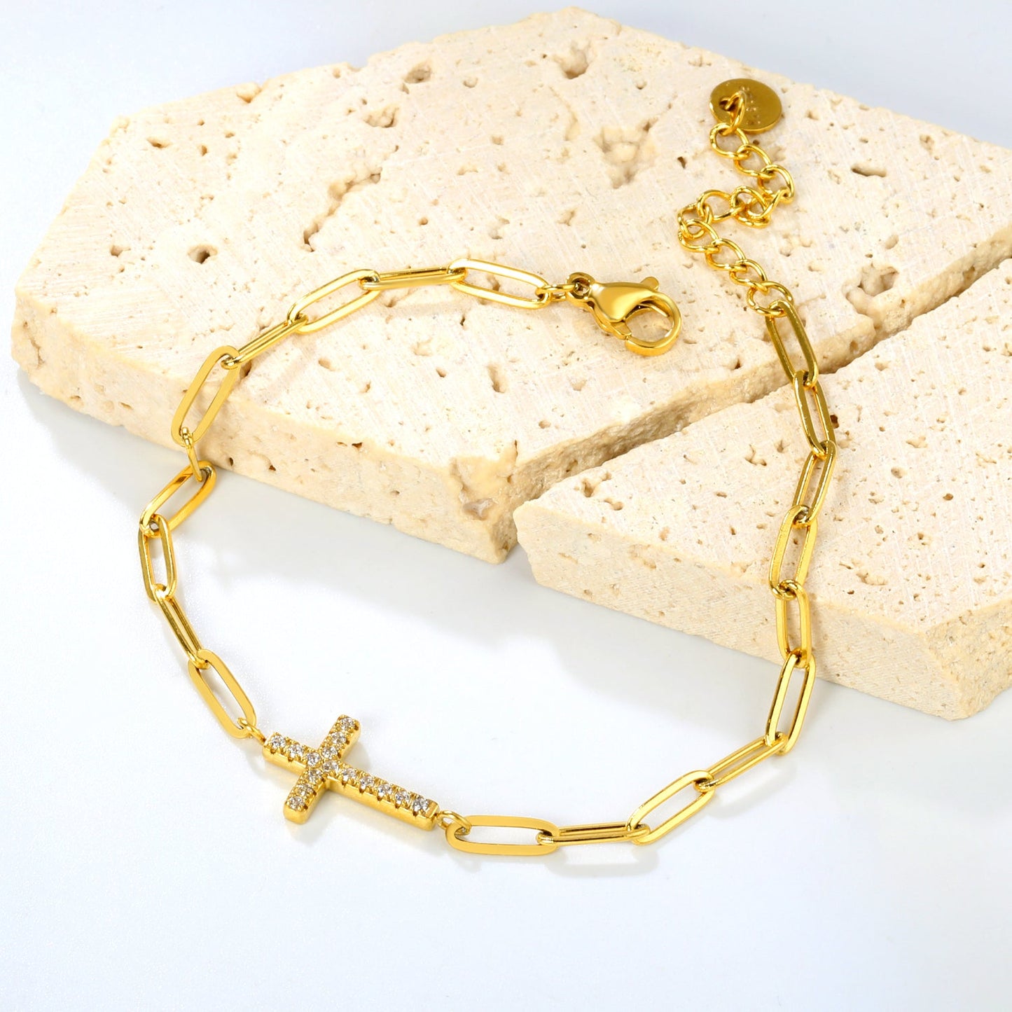 14.9*9.9mm Cross CNC White Zirconia 0.8x3x9 Long Flat Cross 18+3cm+6mm Round Tail Plaque Bracelet Gold Color