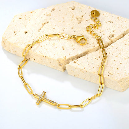 14.9*9.9mm Cross CNC White Zirconia 0.8x3x9 Long Flat Cross 18+3cm+6mm Round Tail Plaque Bracelet Gold Color
