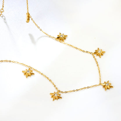 9.2 x 10mm eight-pointed star accessory (1 white zirconia), 0.3mm cross chain 40+5cm, 6mm round tag necklace, gold