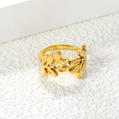 Golden Leaf Design SS Open Ring (Botanical Patterns)