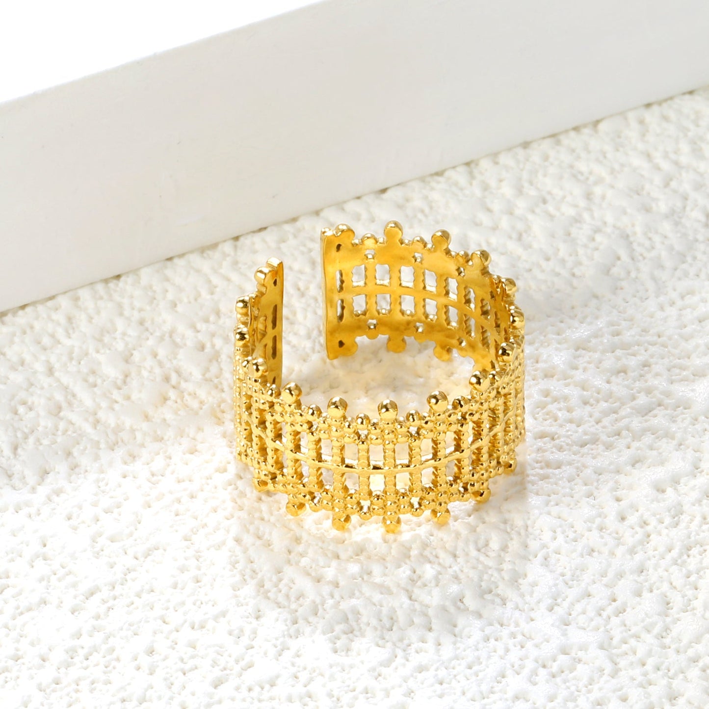 Golden Grid Pattern Stainless Steel Open Ring