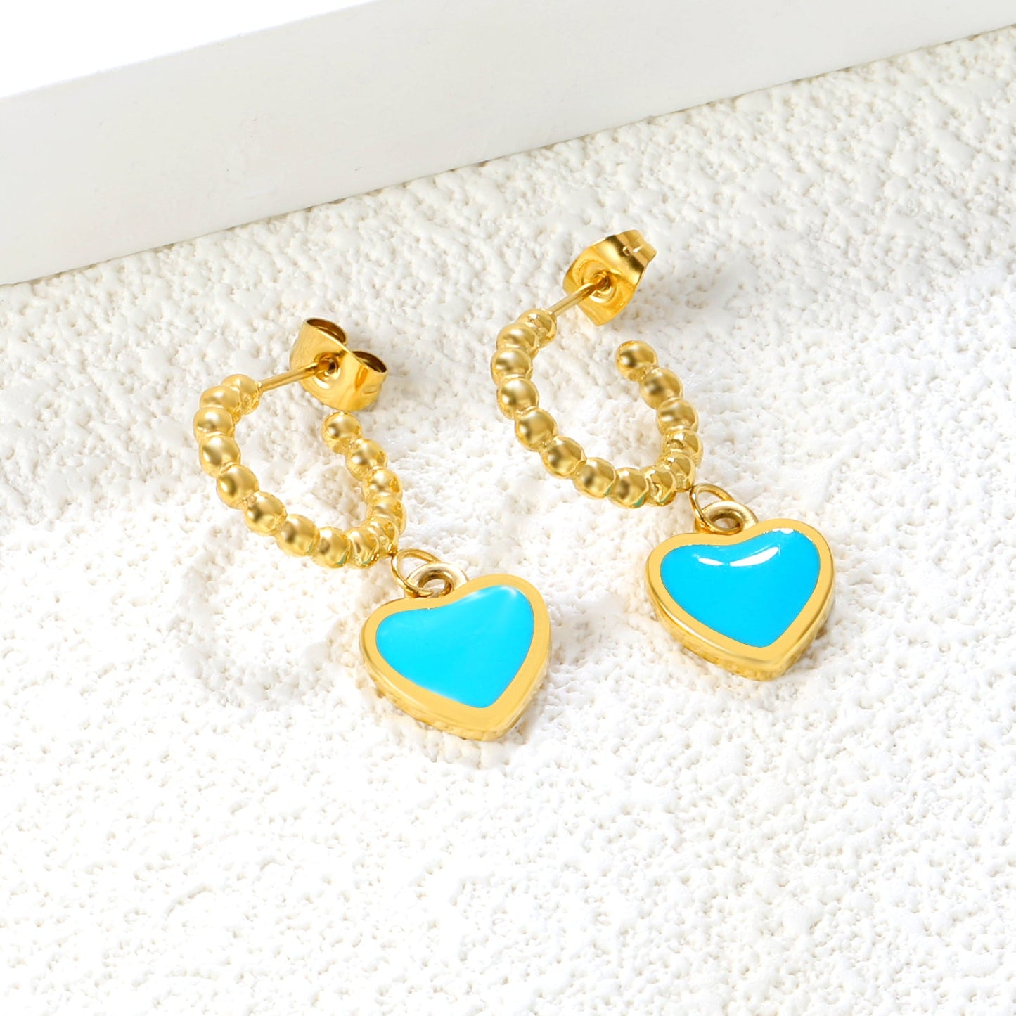 11.8*13.3mm blue oil drop peach heart + semi-circular steel earrings earrings gold color