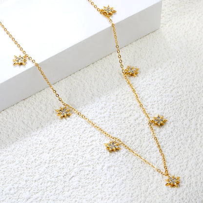 7.7 x 8.5 mm eight-pointed star accessory (5 white zirconia stones) 0.3 cross chain 40+5 cm + 6 mm round pendant necklace gold