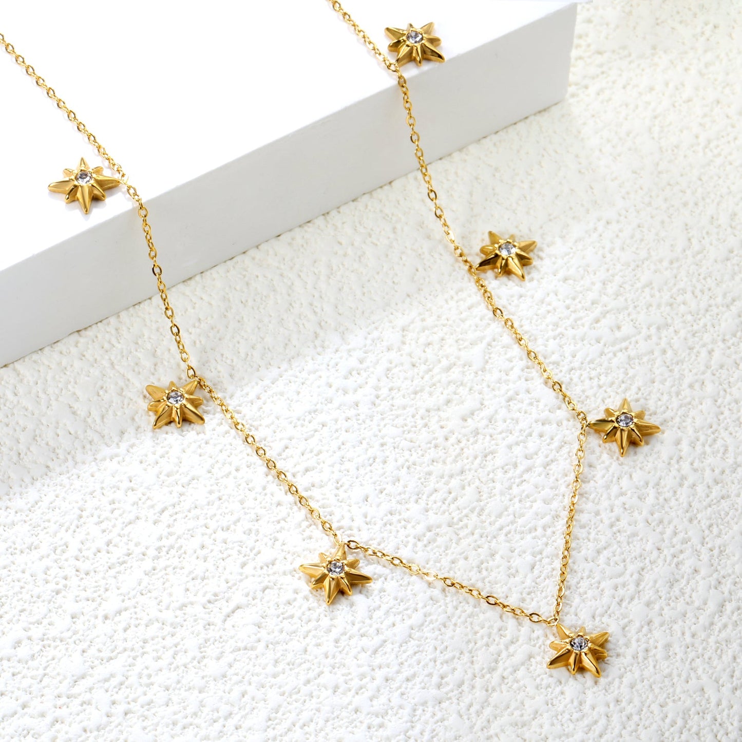9.2 x 10mm eight-pointed star accessory (1 white zirconia), 0.3mm cross chain 40+5cm, 6mm round tag necklace, gold
