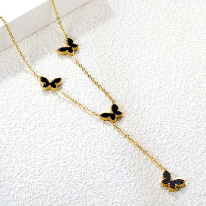12.5*9mm 4 Butterfly Green/Black/White/Red Shell Pendant Necklace 43+5cm+3*10.3mm Square Plaque Necklace Golden
