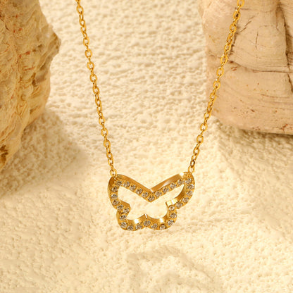 15x13mm butterfly CNC white zirconia pendant 0.3 cross chain 40+5cm+6mm necklace gold