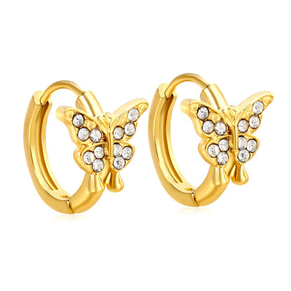 10.3 x 8.8mm butterfly-shaped white zirconia earring with a 2.2mm earring post and a 10mm inner diameter, gold-colored
