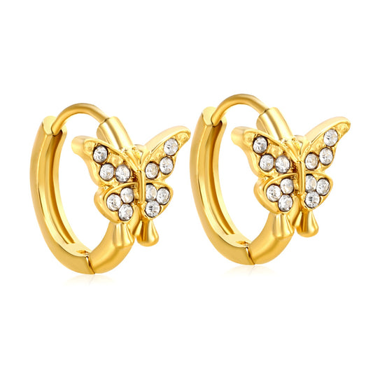 10.3 x 8.8mm butterfly-shaped white zirconia earring with a 2.2mm earring post and a 10mm inner diameter, gold-colored