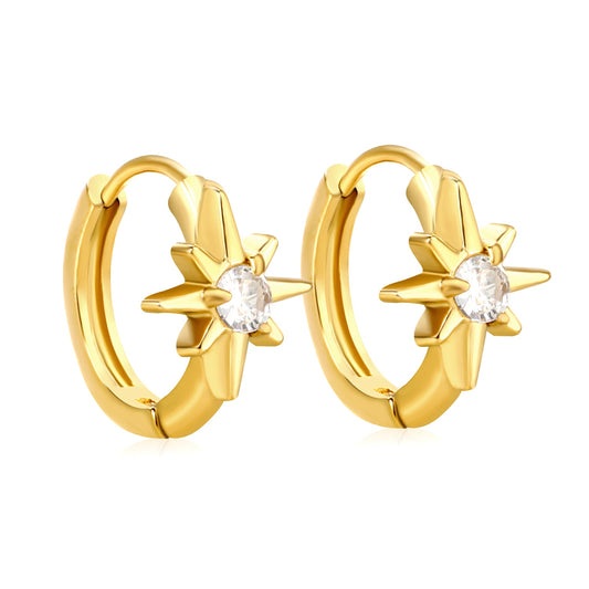 8.9 x 9.6mm eight-pointed star with white zirconia earring with 2.2mm earring post and 10mm inner diameter, gold-colored
