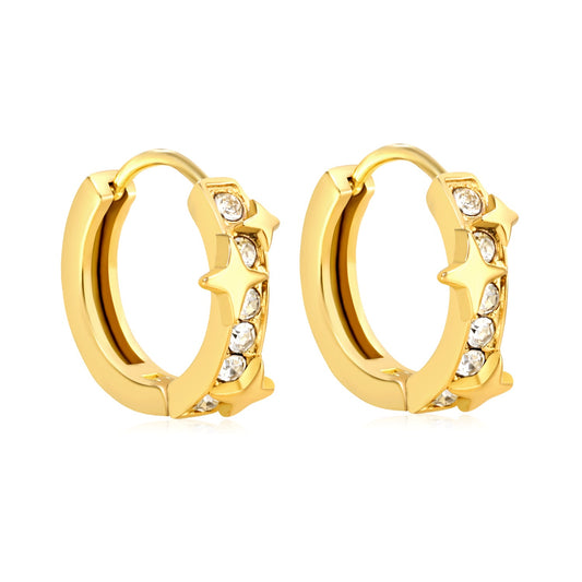 5.4 x 12mm star + half-circle imitation white Czech diamonds, earring posts 2.2 x inner diameter 10mm, gold-colored earrings