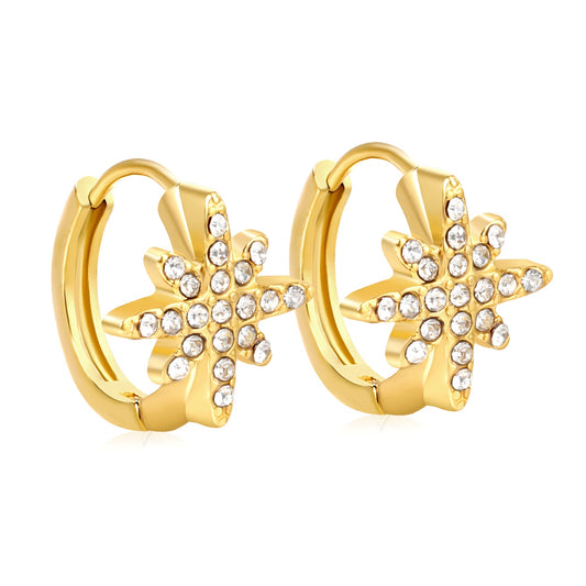 10.9mm eight-pointed star imitation white Czech crystal earring with 2.2mm earring post and 10mm inner diameter, gold-colored