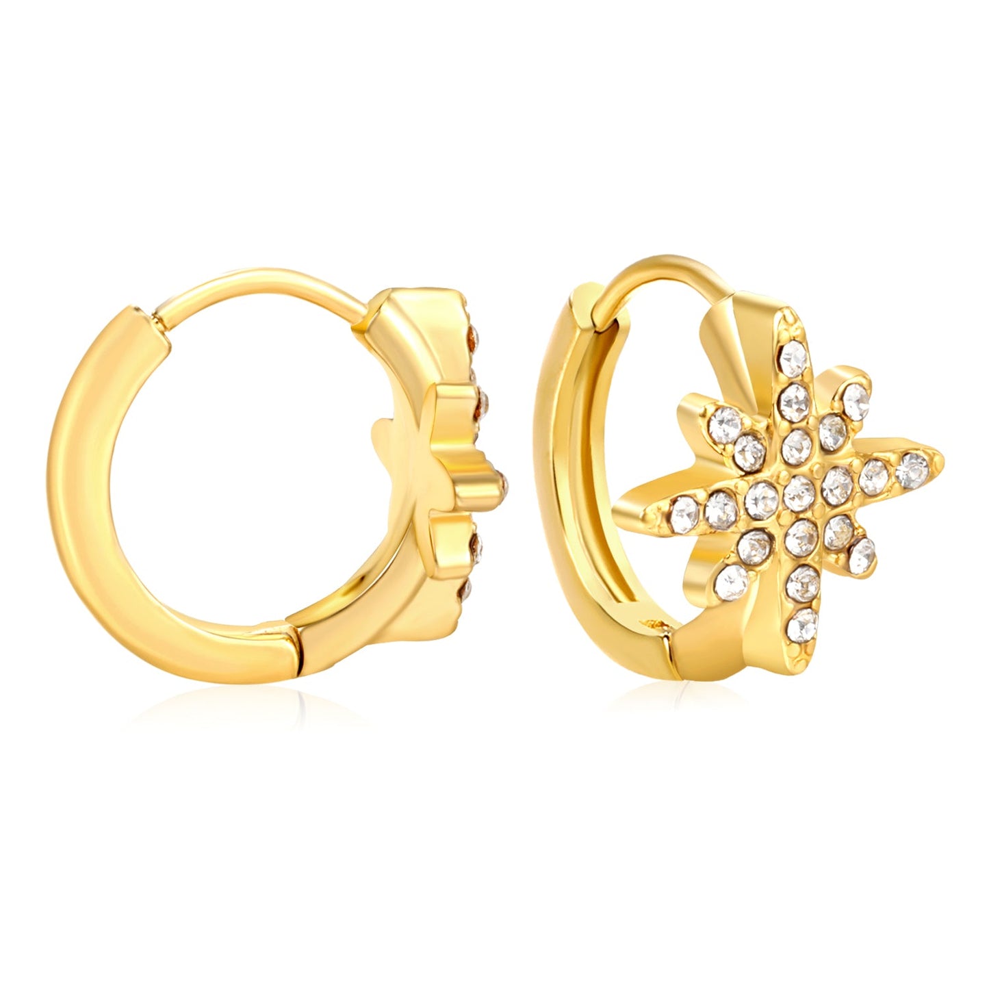10.9mm eight-pointed star imitation white Czech crystal earring with 2.2mm earring post and 10mm inner diameter, gold-colored