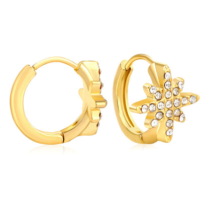 10.9mm eight-pointed star imitation white Czech crystal earring with 2.2mm earring post and 10mm inner diameter, gold-colored