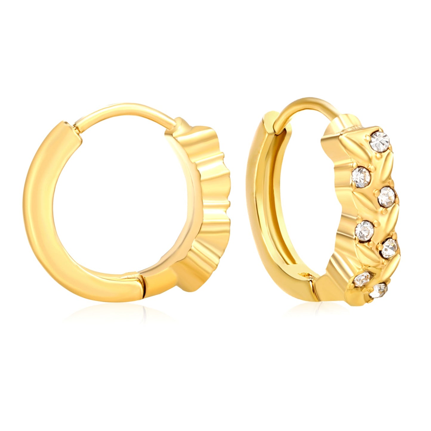 3.5 x 11mm Grass Ring with Imitation White Czech Diamonds, Ear Hook 2.2 x Inner Diameter 10mm, Earrings, Gold