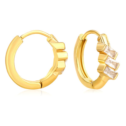 4.2 x 8mm three oblique square-shaped white zirconia earrings with 2.2 x 10mm inner diameter ear hooks, gold color