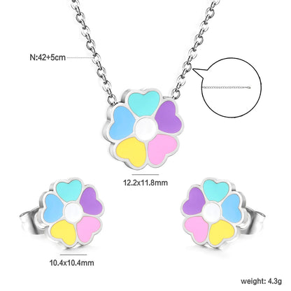Colorful Flowers Set Steel/Gold Earrings:10.4*10.4mm Pendant:12.2*11.8mm 0.3 Cross Chain 42+5cm+6mm Round Plaque