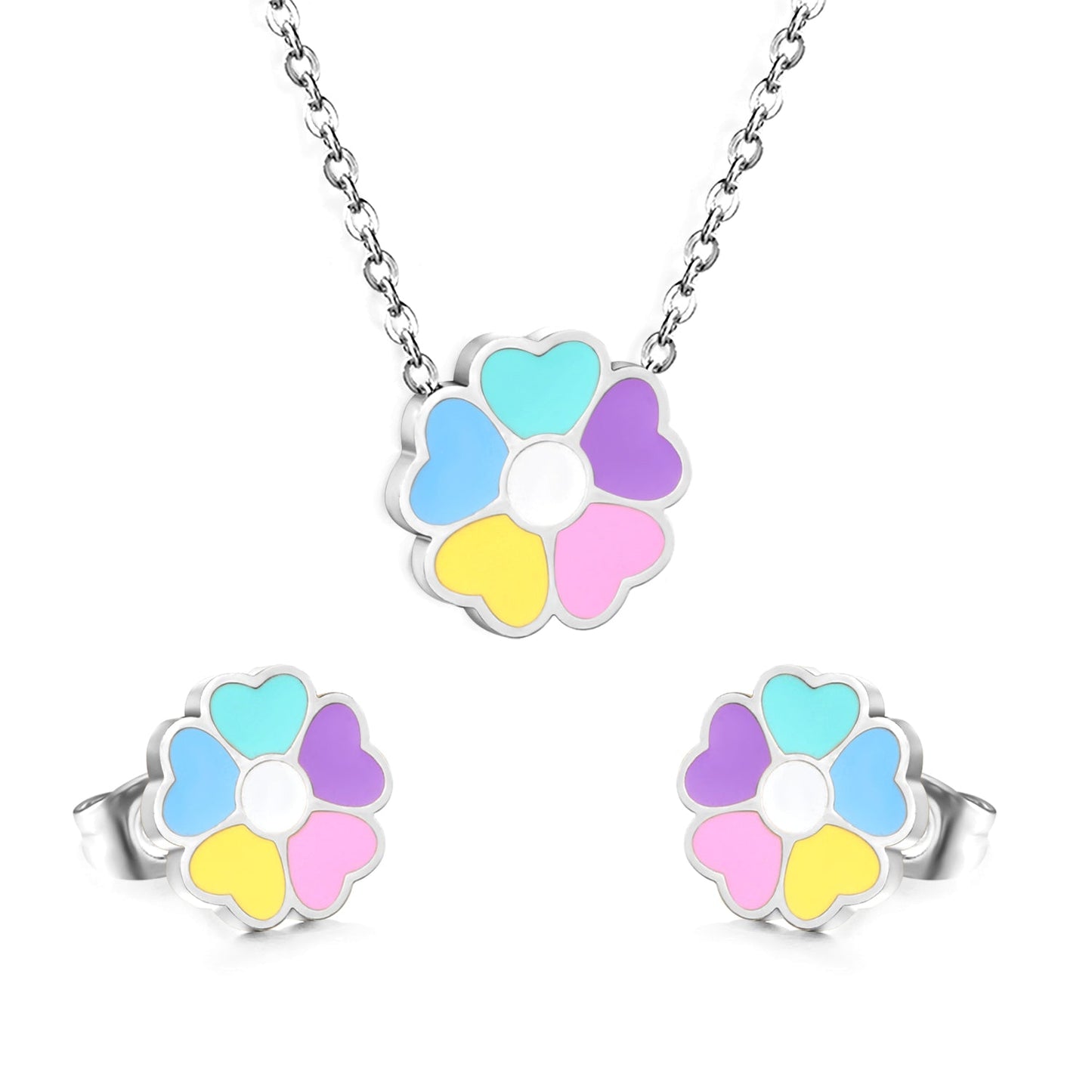 Colorful Flowers Set Steel/Gold Earrings:10.4*10.4mm Pendant:12.2*11.8mm 0.3 Cross Chain 42+5cm+6mm Round Plaque